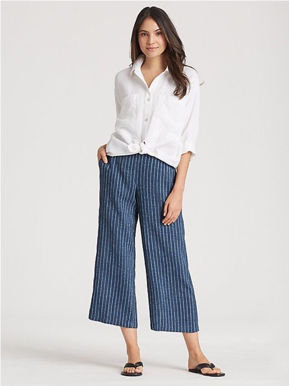 Eileen Fisher Wide Leg Linen Pants Size L Striped Coastal